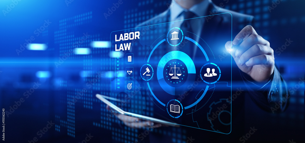 Labor law. Attorney at law advocacy. Businessman pressing virtual button. Labor law. Attorney at law advocacy. Businessman pressing virtual button.