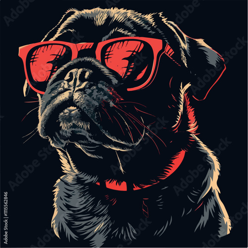 beautiful black pug with glasses, portrait, vector illustration
