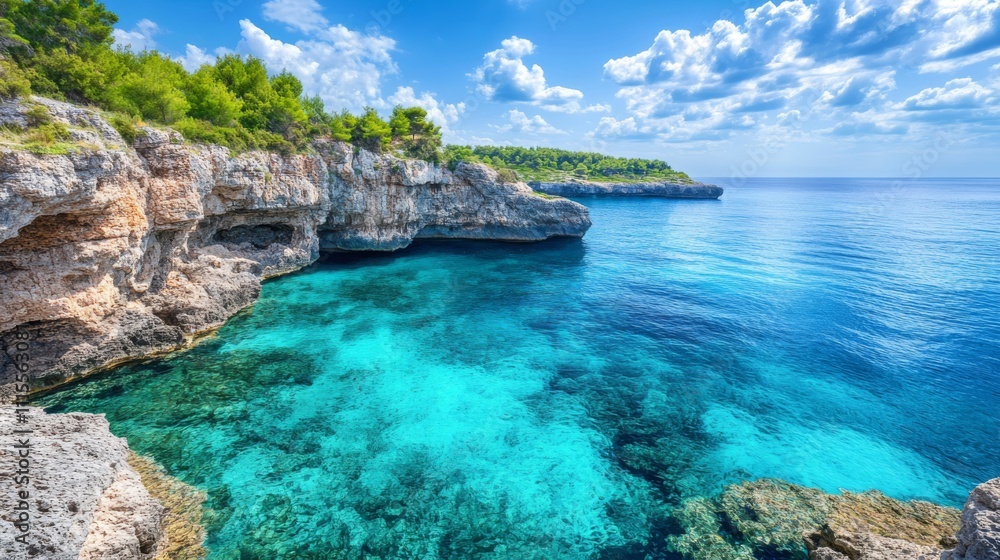 Fototapeta premium A Coastal Inlet with Clear Blue Water and Green Foliage