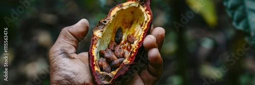 A hand holding a fresh cacao pod cracked open to reveal its velvety antioxidantpacked seeds. photo