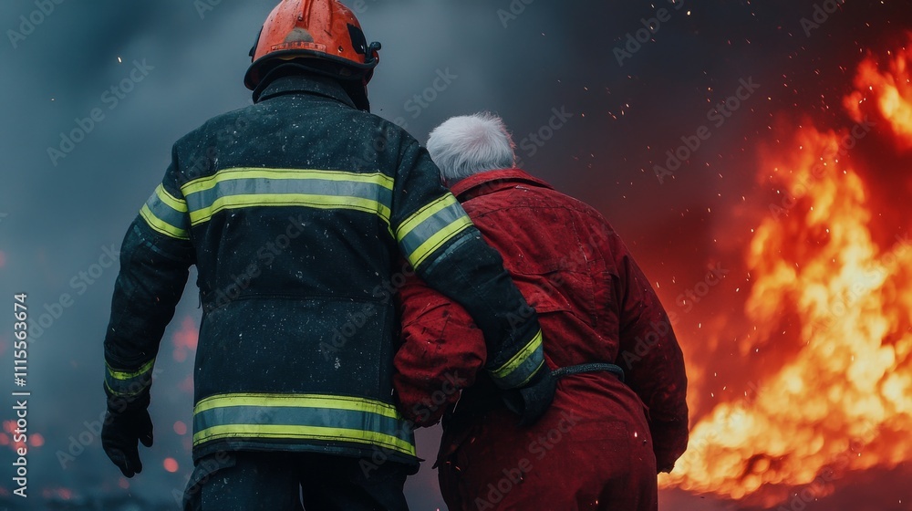 Fototapeta premium A firefighter rescues an elderly person from a blazing fire, highlighting bravery and compassion amidst a dangerous situation.