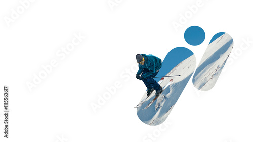 Contemporary art collage. Skier speeding down slopes, embodying spirit of adventure and beauty of alpine landscapes. Pure winter sports action. Concept of tourism, winter sport, recreation, New year. photo