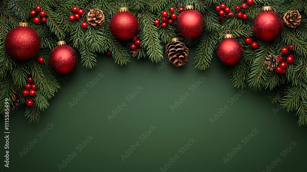 Top view of Christmas frame with branches and red baubles Top view of Christmas frame with branches and red baubles