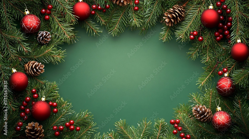 Christmas frame background of branches and baubles Christmas frame background of branches and baubles