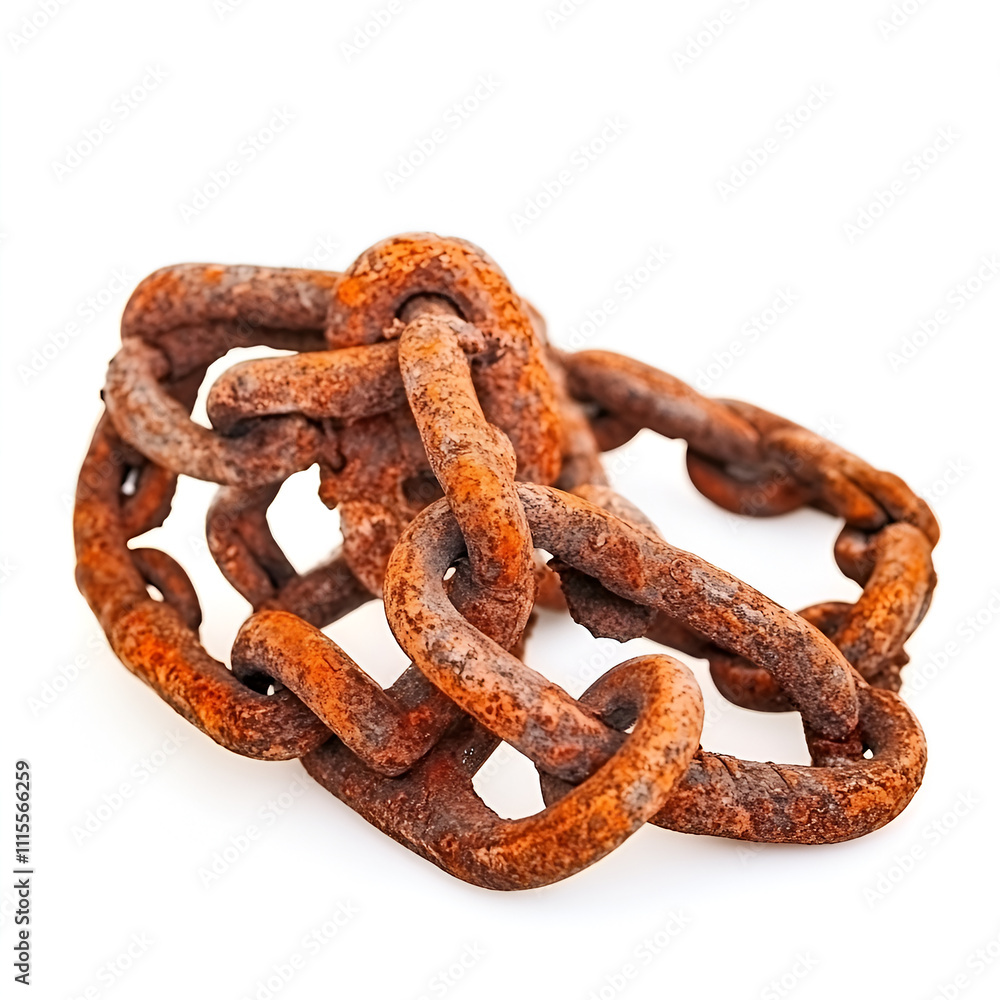 Fototapeta premium Detailed Close-Up of Rusty Metal Chain Link with Textured Surface Isolated on White Background for Industrial and Artistic Purposes