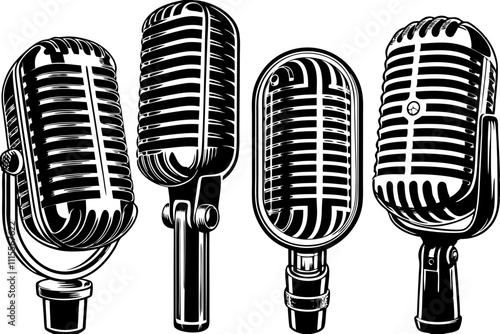 Set of vintage microphone, Collection of retro voice mike