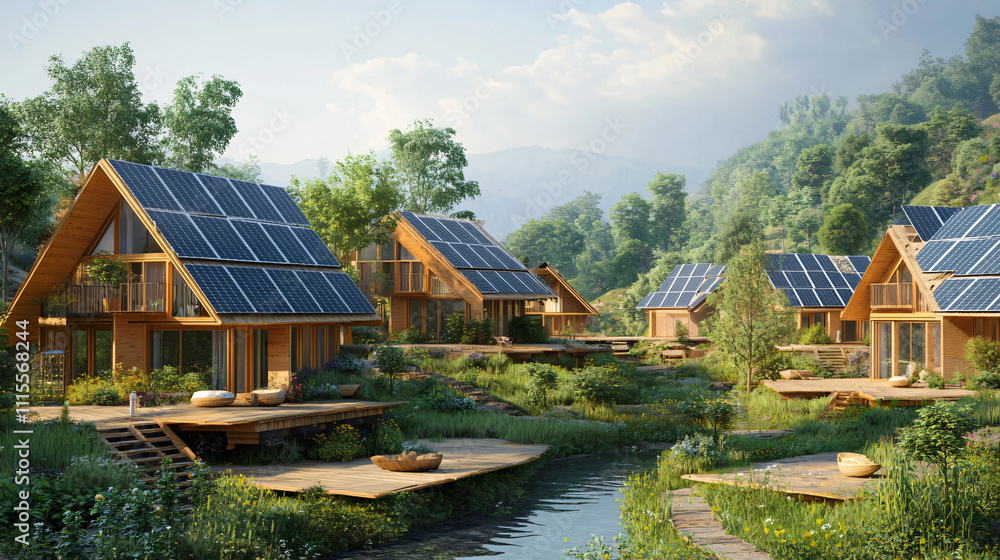 Obraz premium A solar-powered eco-lodge designed for remote eco-tourism destinations, providing energy-efficient accommodations while minimizing environmental impact and promoting sustainability.