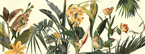 Tropical botanical landscape, palm tree, banana tree, exotic flowers, plant floral  border background. Exotic green jungle wallpaper.