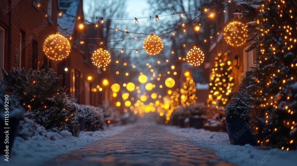 Fototapeta premium Snow-covered street with Christmas lights and decorations.