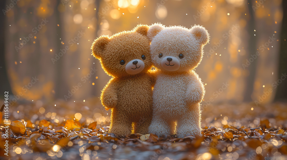 wo teddy bears standing side by side in a forest. The background is blurred, but it appears to be a wooded area with trees and foliage. The sun is shining through the trees, creating a warm glow that wo teddy bears standing side by side in a forest. The background is blurred, but it appears to be a wooded area with trees and foliage. The sun is shining through the trees, creating a warm glow that