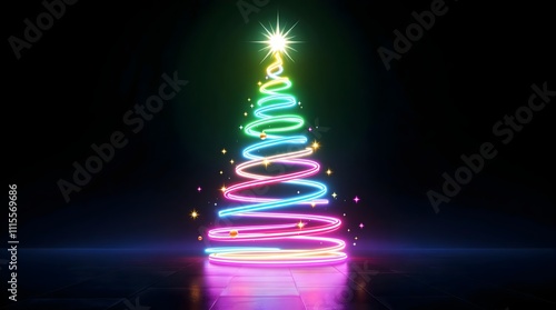 Neon Spiral Christmas Tree: Colorful neon spiral Christmas tree on a dark reflective background.