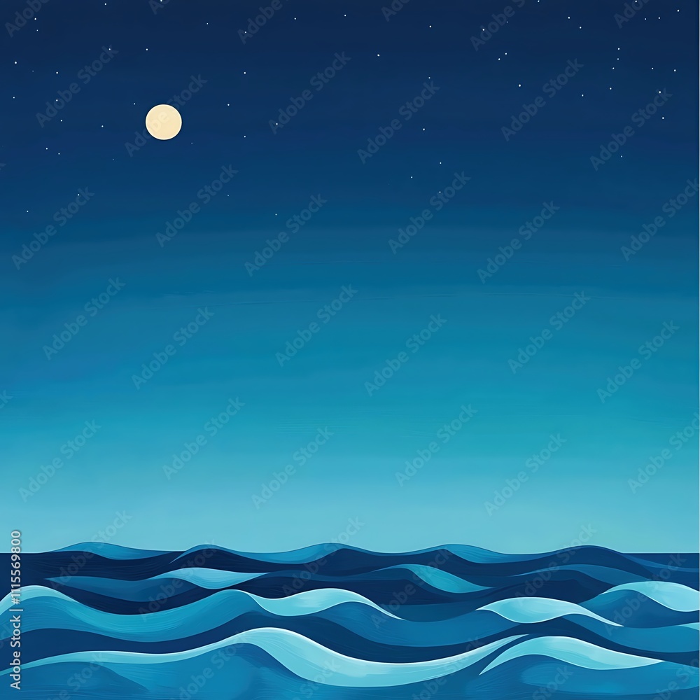 Obraz premium A painting of a calm ocean with a full moon in the sky