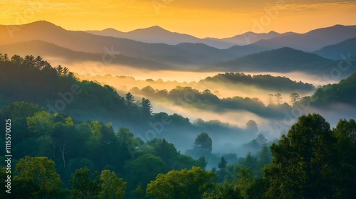 Breathtaking sunrise over misty appalachian mountains with lush green forest