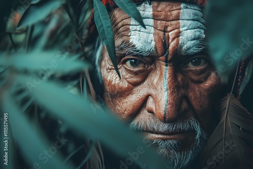 Elder in tribal attire peering through leaves with painted face photo