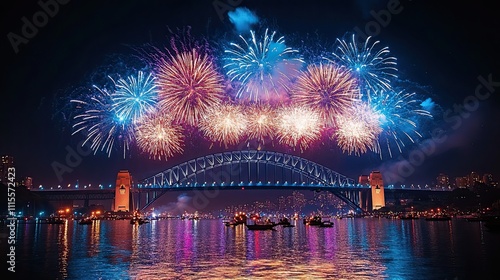 A bright, colorful display of fireworks over an iconic bridge spanning a river at night. --ar 16:9 --style raw --stylize 250 --v 6.1 Job ID: fa45a1ab-38f4-48ef-aba8-8b9bd071612b photo