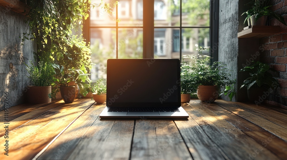 Fototapeta premium Laptop on rustic wooden desk with plants and sunlight.
