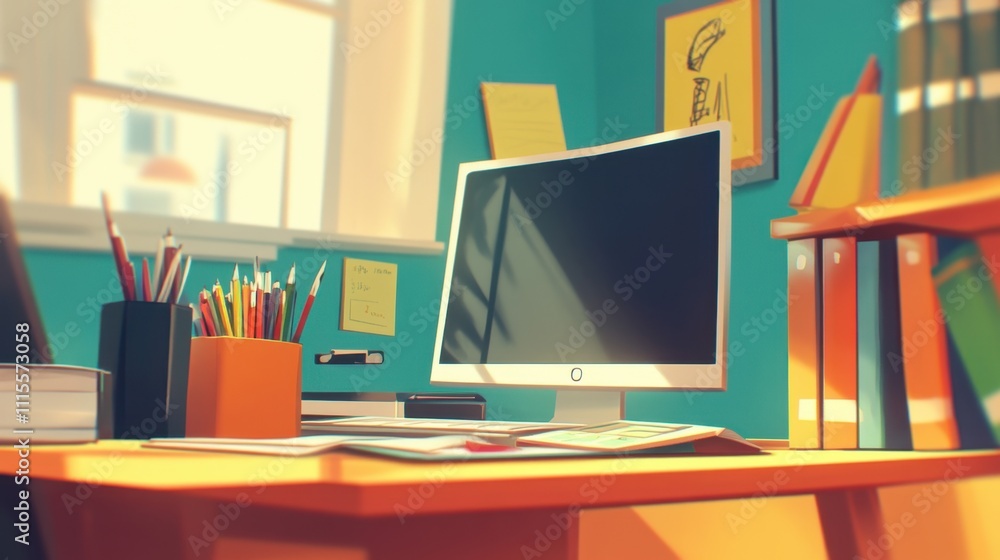 A colorful home office with a computer and organized stationery. A colorful home office with a computer and organized stationery.
