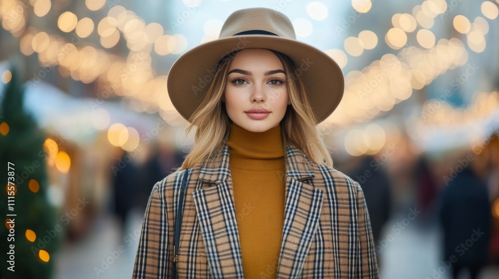 A chic woman wearing a long plaid coat, heeled ankle boots, a crossbody bag, and a wide-brim wool hat, walking through a winter market with string lights above A chic woman wearing a long plaid coat, heeled ankle boots, a crossbody bag, and a wide-brim wool hat, walking through a winter market with string lights above