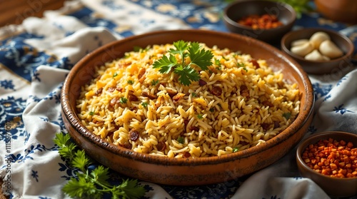 Tandir Osh Smoky Rice Cooked in a Tamdyr Oven with Onions and Garlic (Kyrgyz Cuisine) photo