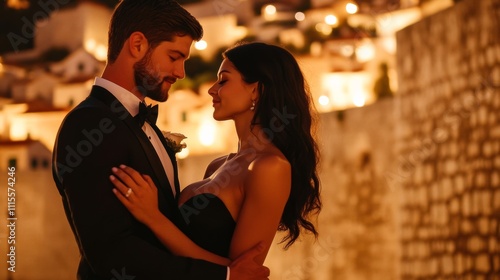 A couple dancing under the stars in Dubrovnik’s old town, with medieval walls glowing in the background and soft Valentine’s music playing nearby 