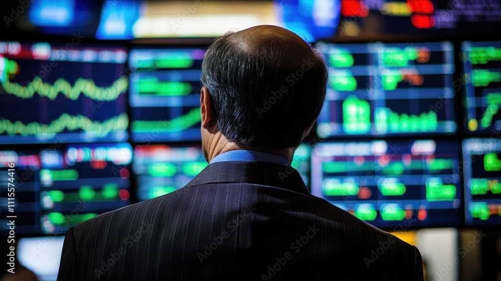 Fototapeta premium Stockbroker Analyzing Stock Market Data on Multiple Screens