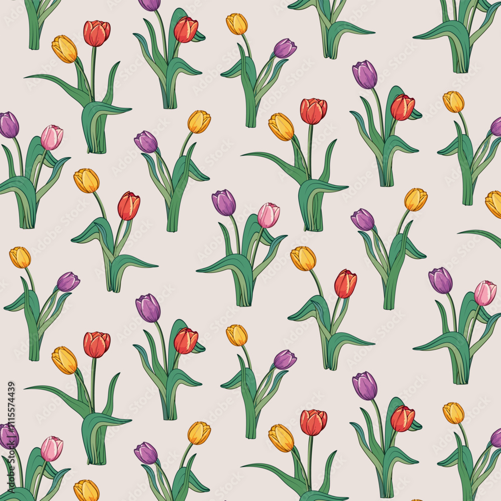 Fototapeta premium Multi-colored tulips in a pattern.Vector seamless pattern with bouquets of multi-colored tulips.