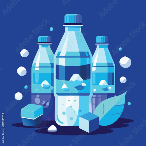  Realistic mineral water poster with composition of branded plastic bottles ice cubes and drops illustration
