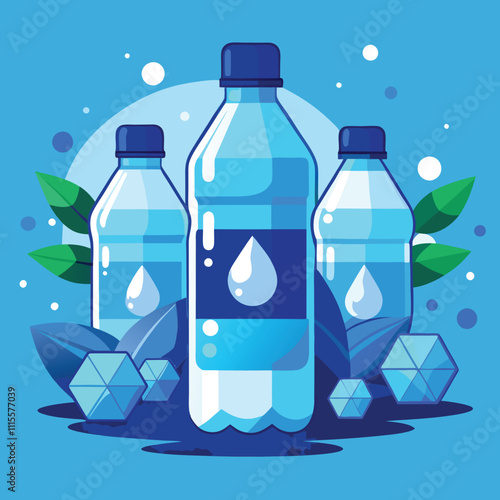  Realistic mineral water poster with the composition of branded plastic bottles ice cubes and drops illustration