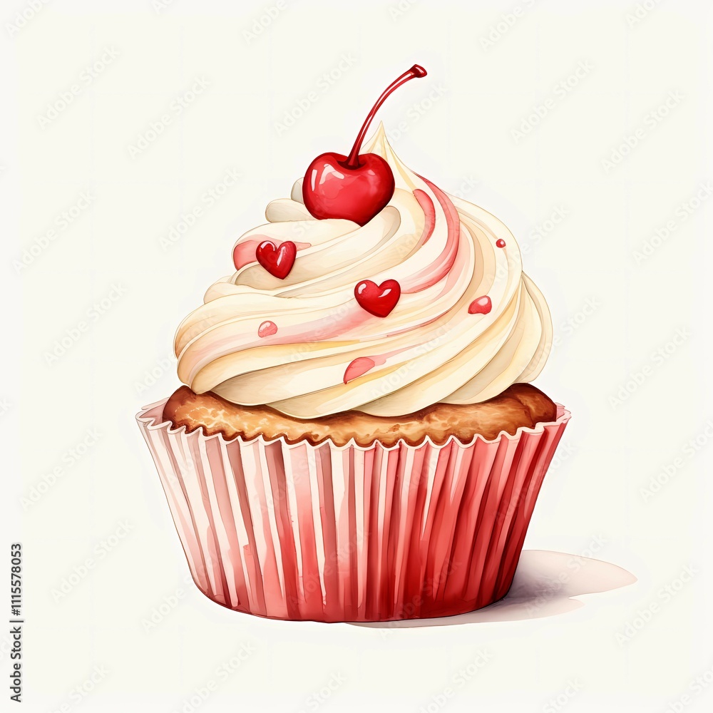 A watercolor cupcake with cream icing and topped with red cherry and cute little hearts is great for Valentine's day A watercolor cupcake with cream icing and topped with red cherry and cute little hearts is great for Valentine's day