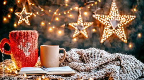 Wallpaper Mural Cozy winter scene featuring knitted mug, warm blanket, stars, and festive lights for holiday spirit and relaxation Torontodigital.ca