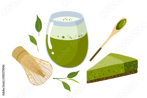 Matcha Green Tea glass and green cheesecake, spoon, brush for cooking Vegan Dalgona matcha latte. Glass with green whipped drink. Drink with powdered tea match and milk. Flat vector isolated on white.