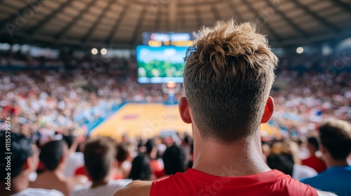 A Maui Invitational bracket illuminated on a jumbo screen inside a packed stadium, with cheering fans waving Hawaiian leis and basketball gear  photo