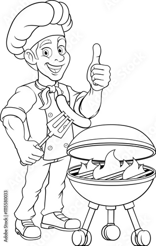 A chef cartoon barbecue cook out brazier cook man. Giving a thumbs up and holding a hotdog or grilled sausage on a BBQ fork mascot character illustration.