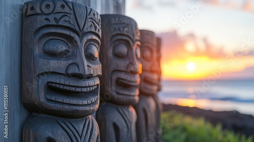 A Maui Invitational tournament bracket displayed on a giant wooden board with carved tiki designs, set against a backdrop of the Maui sunset  photo