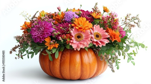 Wallpaper Mural Pumpkin vase filled with vibrant autumn flowers, isolated on white, perfect for Thanksgiving or fall-themed centerpieces. Torontodigital.ca