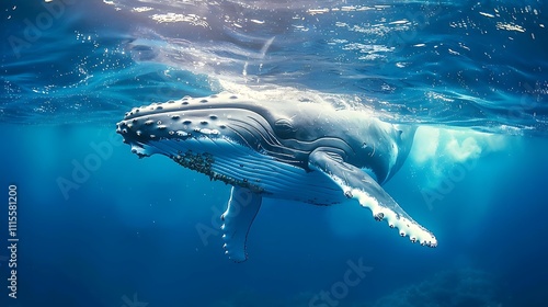 While swimming in blue water a baby humpback whale plays