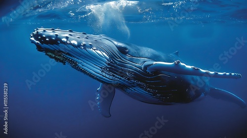 While swimming in blue water a baby humpback whale plays