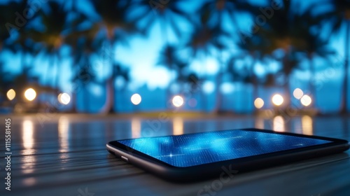 A sleek Maui Invitational bracket displayed digitally on a sports app, with glowing team logos and palm tree silhouettes in the background  photo