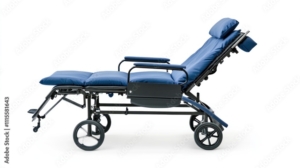Fototapeta premium A modern hospital stretcher with adjustable sections, wheels for mobility, and padding for patient comfort, isolated on a white background.