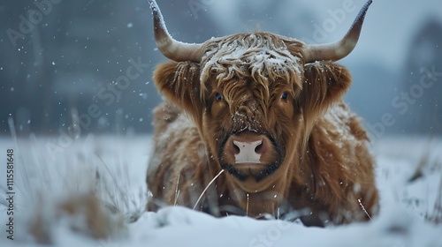 Wintertime portrait of a scottish highland cow cattle in the snow