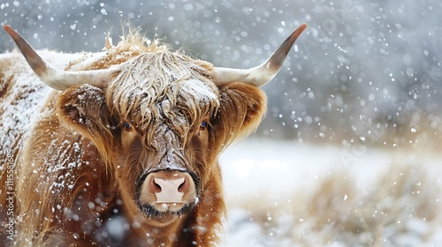 Wintertime portrait of a scottish highland cow cattle in the snow