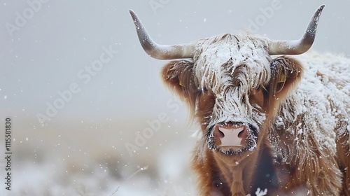 Wintertime portrait of a scottish highland cow cattle in the snow