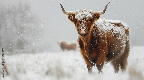 Wintertime portrait of a scottish highland cow cattle in the snow