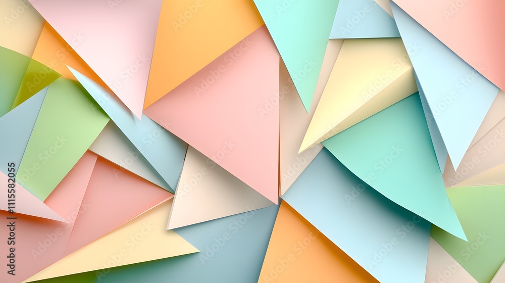 Fototapeta premium A colorful abstract arrangement of overlapping paper triangles in pastel shades.