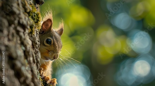Yelow squirrel peering around a tree trunk in close up