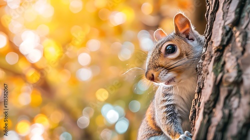 Yelow squirrel peering around a tree trunk in close up