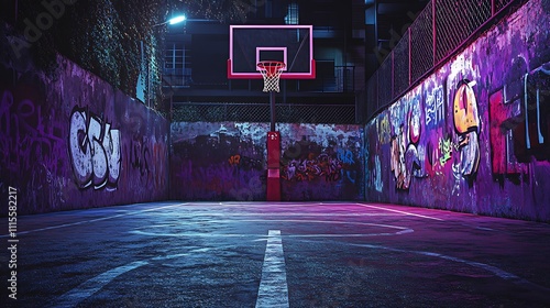 A nighttime basketball court illuminated by neon lights and surrounded by graffiti art.