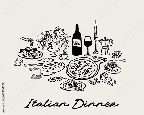 Whimsical hand drawn, quirky style dinner table  wedding invitation, restaurant, italian dinner vector