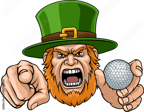 An angry Leprechaun Celtic Irish cartoon character holding Golf ball and pointing sports team mascot illustration.