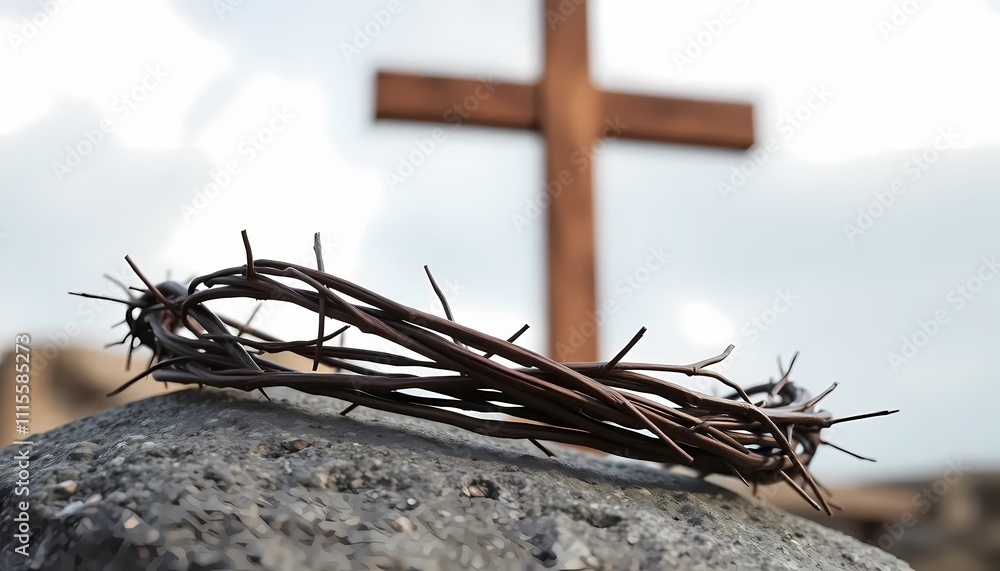 Crown of Thorns on Stone with Cross Background Crown of Thorns on Stone with Cross Background
